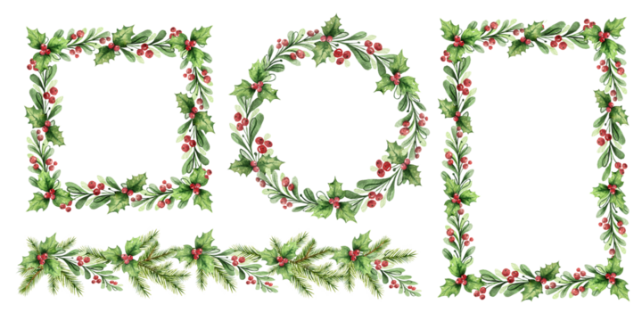 Watercolor Christmas borders frames set with fir branches and red berries. Hand painted winter plants. Xmas template.