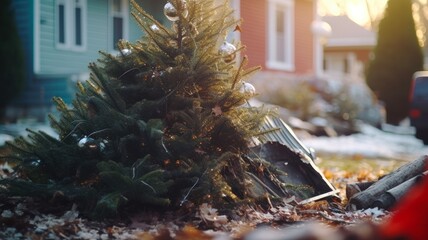 Discarded Christmas Tree at Curbside: Signs of Post-Holiday Waste and Garbage
