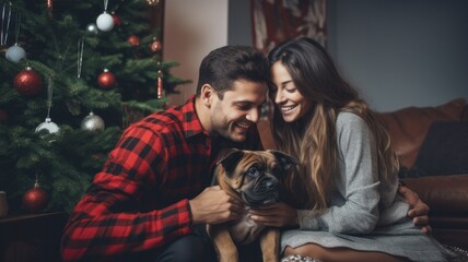 Festive Christmas Scene: Joyful Multi Ethnic Couple Celebrating with their Adorable Dog next to Decorated Christmas Tree