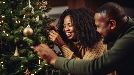 Festive Bonding: Happy Black Couple Decorating Christmas Tree with Love and Joy