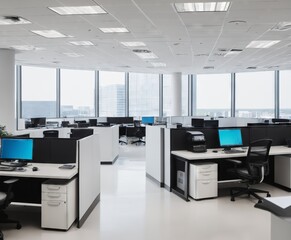  a stark and sterile corporate office, capturing the intricate details of computers on desks amidst the empty space.