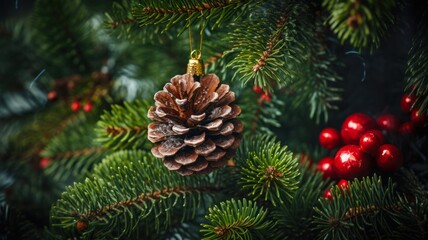 Festive Christmas Decorations: Pine Bough, Ornament, and Coniferous Fruit on White Background.