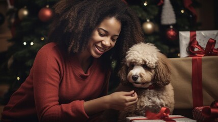 Festive Scene: Happy Girl with Her Pets and Gifts around Christmas Tree