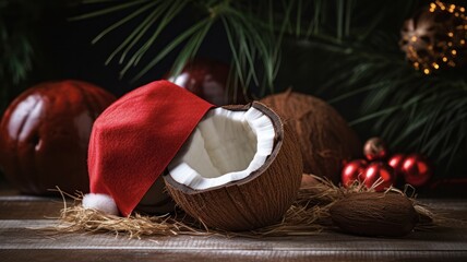Tropical Holiday Cheer: Santa's Coconut Beach Getaway with Christmas Hat and Palm Leaves