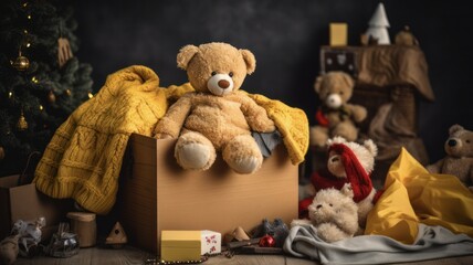 Christmas Charity Donation Box Helping Refugees and Homeless with Warm Clothes, Food, and Toys for the Holidays