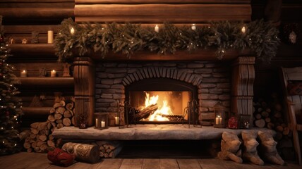 Cosy Christmas Cabin: Warm Fireplace and Festive Decorations in Wooden Log House Interior