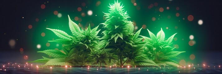 Festive CBD Delight: Flourescent Christmas Mockup with Hemp Leaves, Marijuana, and Neon Christmas Tree in Flat Lay