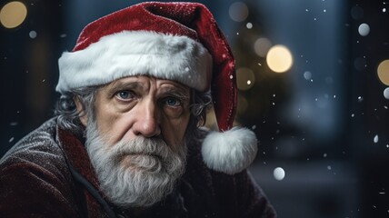 Lonely Christmas: Depressed Man in Santa Hat Sitting Alone