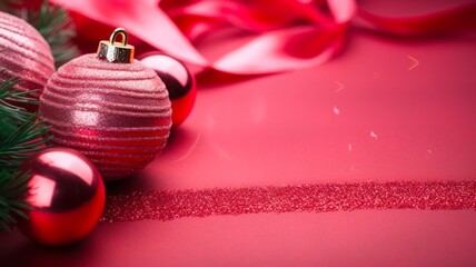 Spruce up your Christmas with shiny Red Baubles and Green Ribbons on a Pink Background