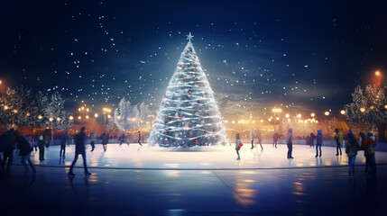 Ice Skaters Gliding Under Illuminated Christmas Tree on a Starry Winter Night with Realistic Reflections Capturing the Festive Spirit - obrazy, fototapety, plakaty