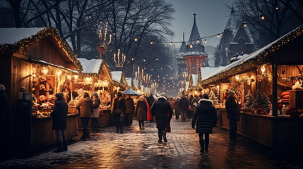 Fototapeta na wymiar Bustling Christmas Market with Wooden Stalls and Dynamic Lighting