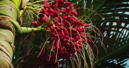 Close-up of Red betel nut on Areca palm tree. Fruits ripen on a tree in the wild. Bunch swaying in...