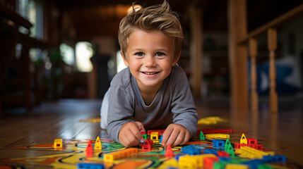 3 year old boy playing on the floor with colored plastic construction pieces. His environment is in a modern house, image with warm and pleasant tones. - obrazy, fototapety, plakaty