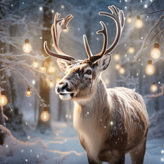 A reindeer adorned with festive decorations on its antlers stands in the snow, illuminated by soft, glimmering, cinematic Christmas lights