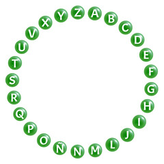 Rosco verde de letras RECORTABLE en PNG transparente sin fondo para jugar a adivinar palabras con definiciones, incluye la Ñ para español - obrazy, fototapety, plakaty