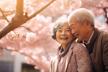 Old Asian couple embrace and smile happily among the cherry trees and falling snow. Japan romantic color of Sakura flowers background. Happy love moment in Japan with sakura trees blossom. - obrazy, fototapety, plakaty