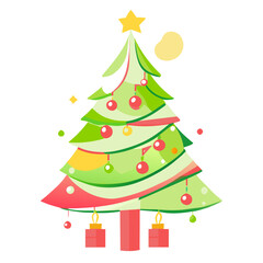 chirstmas tree polygonal cute Simple New year decorated with light start red and golden ball design Vector Illustration