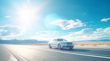 A white car driving down a highway under a blue sky