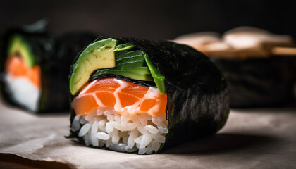 Fresh seafood meal, rolled up in nori, with healthy rice generated by AI