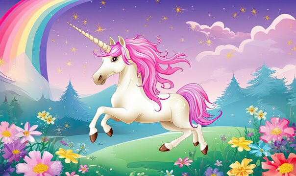 Photo of a majestic unicorn galloping through a vibrant field of blooming flowers