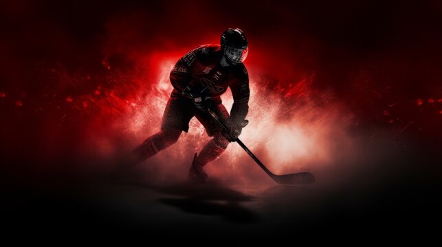 A hockey player in a striking black and red uniform on the ice