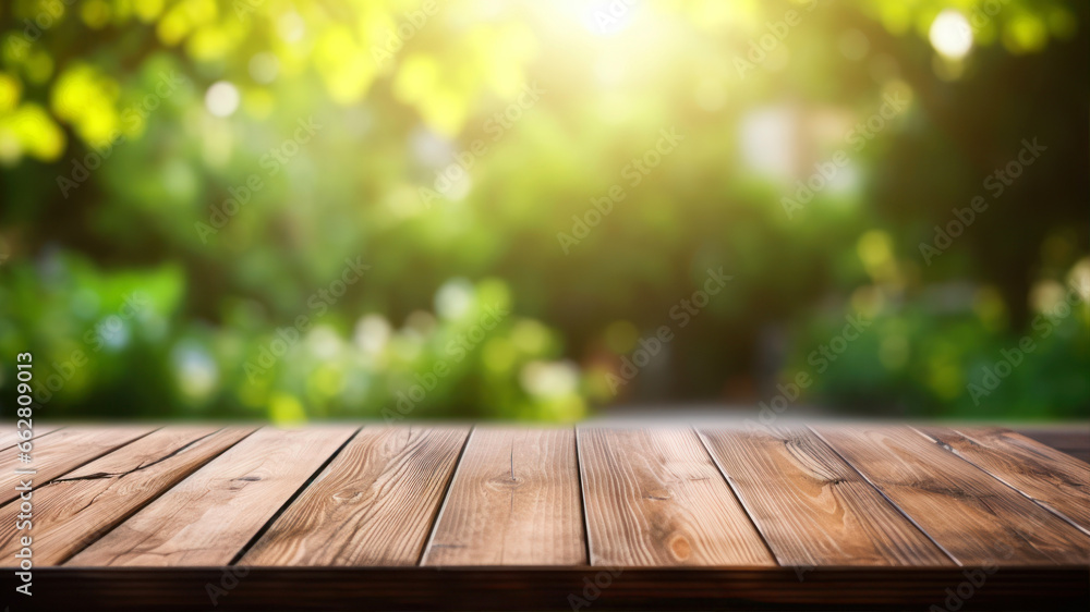 Poster empty wooden table for product display montages with bokeh background