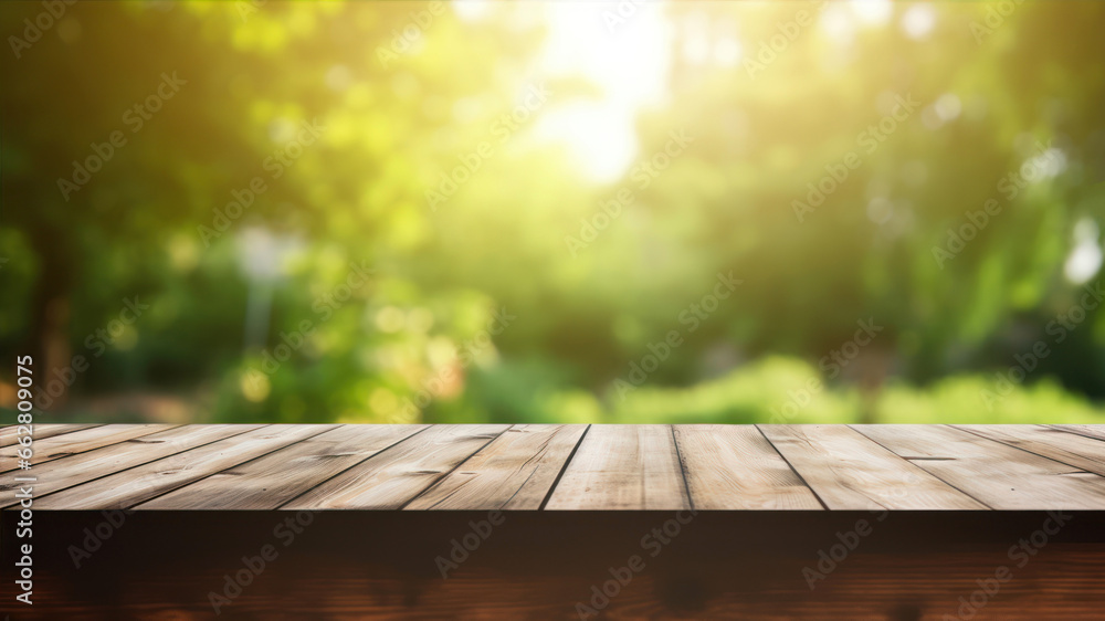 Poster empty wooden table for product display montages with bokeh background