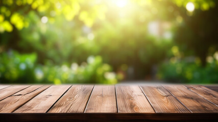 Empty wooden table for product display montages with bokeh background