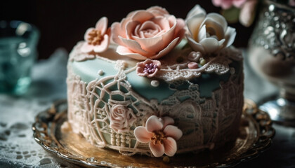 Fototapeta na wymiar Ornate wedding cake with homemade chocolate icing and berry decoration generated by AI