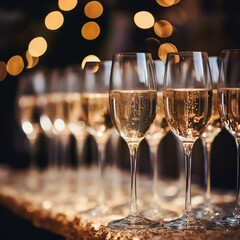 Glasses of champagne on a table at a wedding reception. Selective focus. - obrazy, fototapety, plakaty