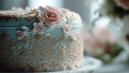 Fototapeta na wymiar Elegant wedding celebration with ornate flower bouquet and gourmet desserts generated by AI
