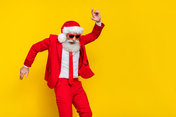 Photo of overjoyed positive person chilling dancing christmastime event isolated on yellow color background