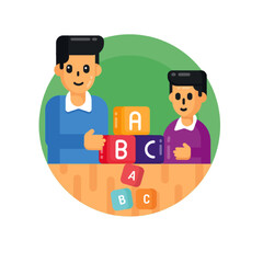 Children learn to write stock illustration,Little Boy Kneeling Vector Image,Cartoon flat style drawing two little boys playing blocks toys