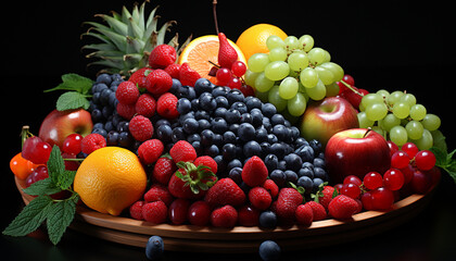 Freshness of nature bounty  grape, strawberry, raspberry, orange, apple generated by AI