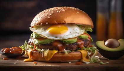 Grilled beef burger with cheese, tomato, and onion on bun generated by AI