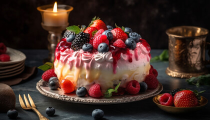 Fototapeta na wymiar Indulgent homemade berry cheesecake with whipped cream and chocolate sauce generated by AI
