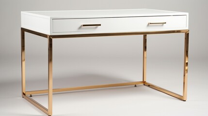 A contemporary white writing desk with gold-finished metal frame and built-in storage