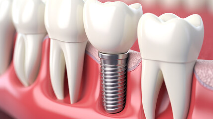 Close-up of a dental implant in the gum in a section. 3D