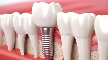 Close-up of a dental implant in the gum. 3D