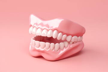 Jaw prosthesis on a pink plain background