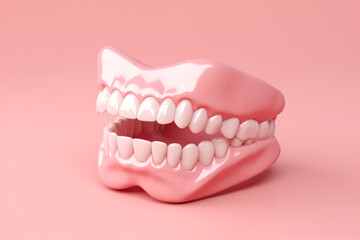Fototapeta premium Jaw prosthesis on a pink plain background