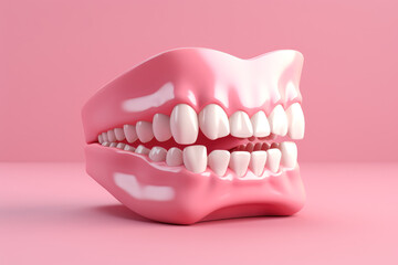 Fototapeta premium Close-up of jaw prosthesis on a pink plain background