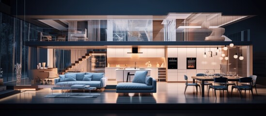 Luxurious home interior with illuminated living room and kitchen featuring furniture and lighting With copyspace for text