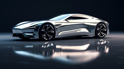 A sleek silver sports car against a dramatic black backdrop