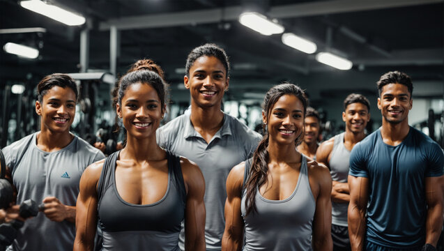 Friends in gym together workout with fitness equipment. Man holding dumbbell workout at gym. Group people working strong on body. 
