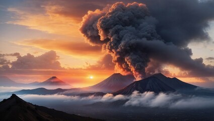 valcano smoke during sunset