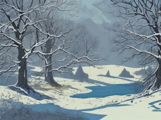 Winterlandschaft mit Schnee, Bäumen und Fluss
