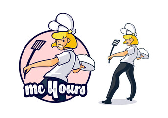 Woman chef mascot logo vector. Cute and cheerful chef girl.