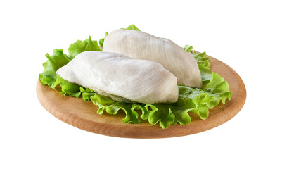 boiled chicken breast on a cutting board isolated on white background .
