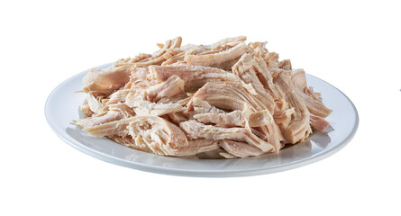 Boiled shredded chicken meat in a plate isolated on a white background. Chicken fillet meat for...